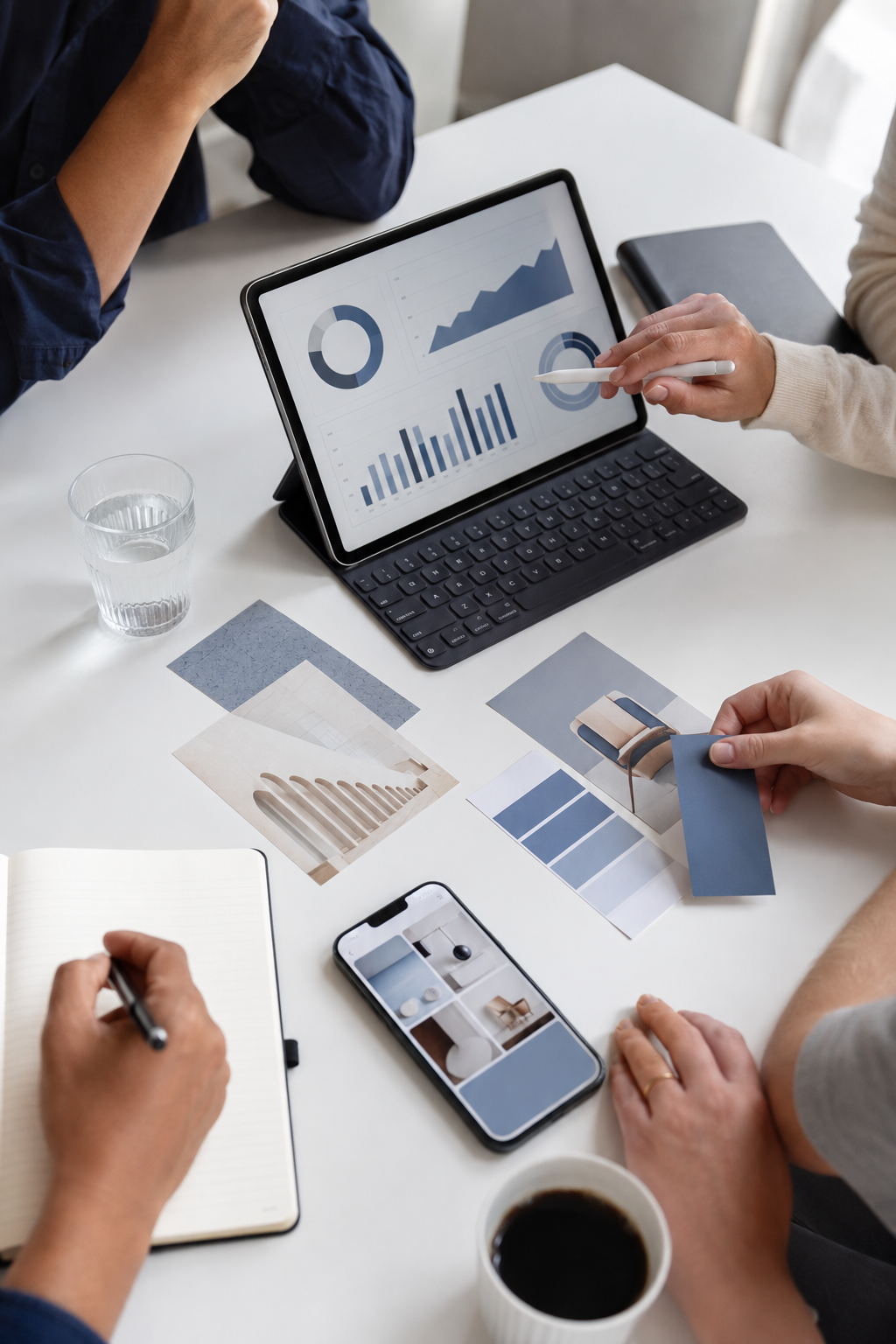 Equipo colaborando en una estrategia de marca mediante análisis, contenido y planificación